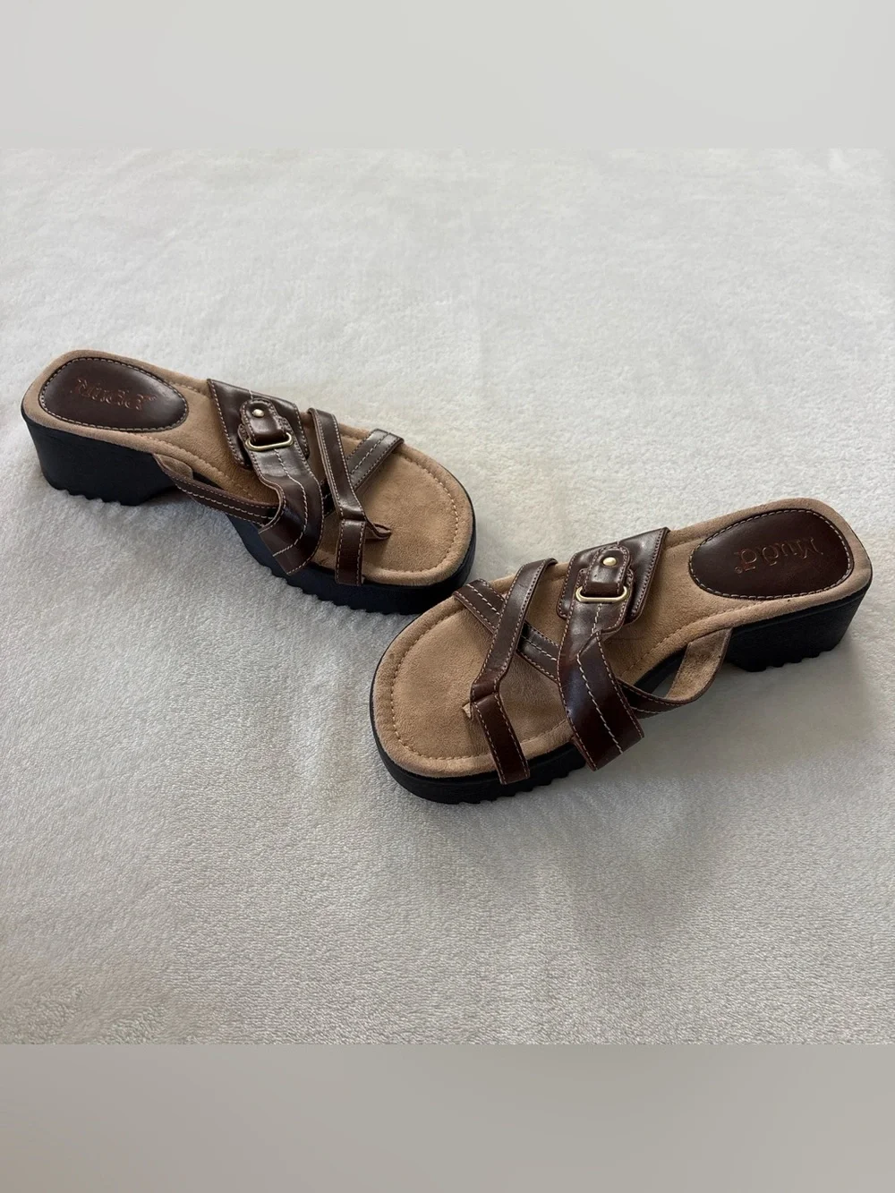Vintage Y2K Mudd Platform Wedge Strappy Sandals Brown Buckle W7